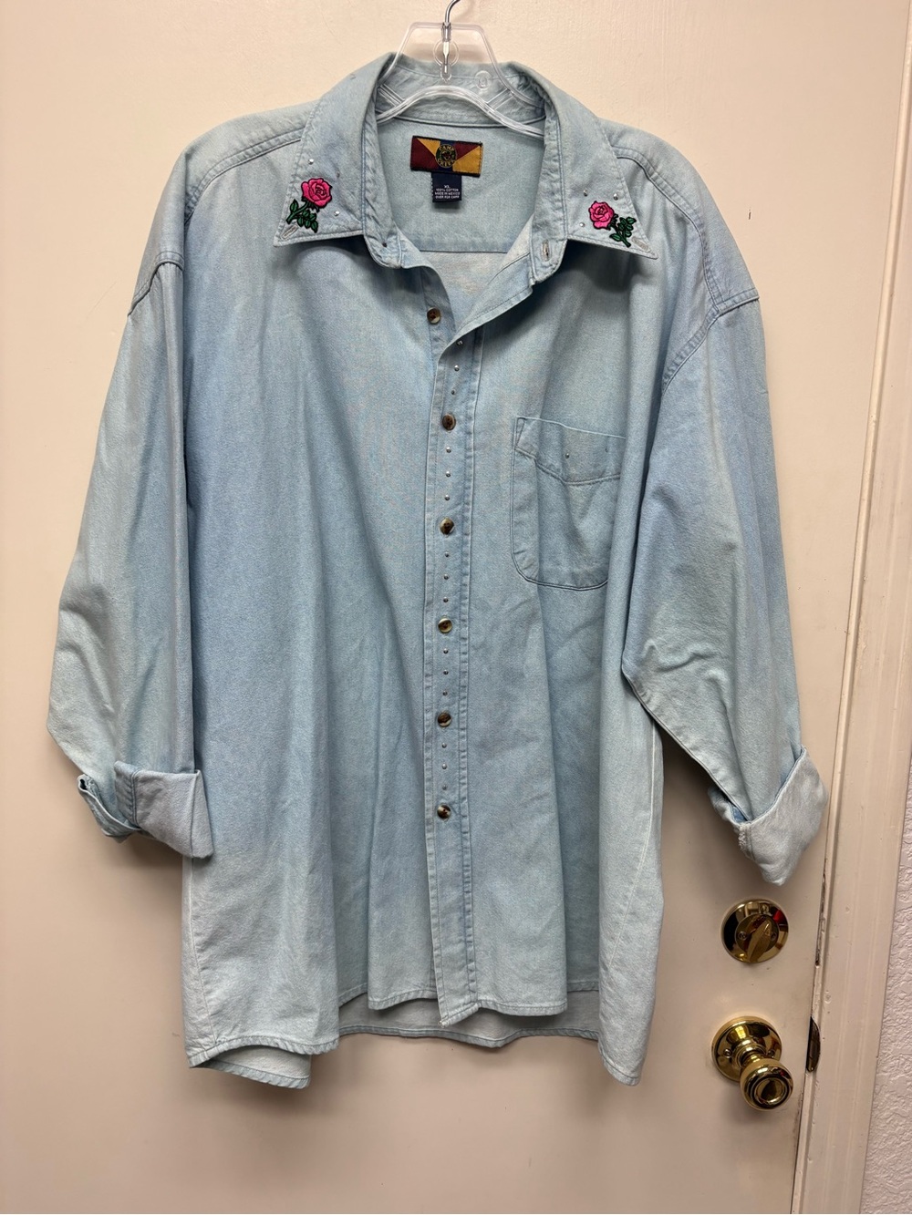 Light Blue Embroidered Collar Button-Down Shirt - Women